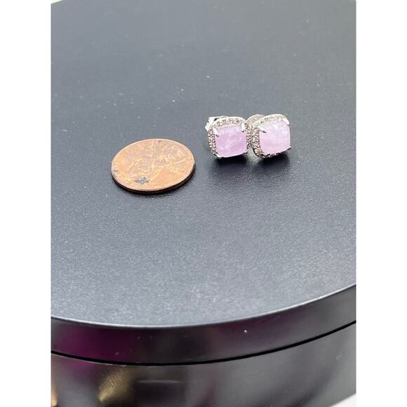 Sterling Silver Cushion Cut Prong Set Rose Quartz White Topaz Halo Stud Earrings - Picture 8 of 8